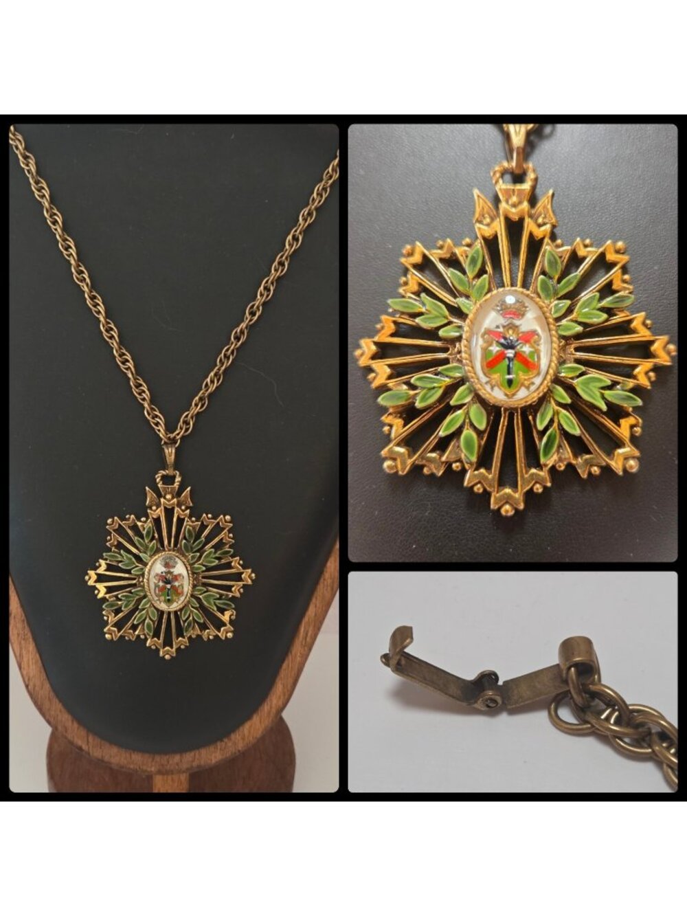 Vintage Heraldic Crown & Torch Pressed Glass Enamel Pendant Necklace Gold Tone